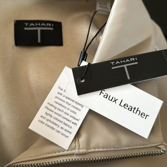 T Tahari light taupe faux leather chest pockets drawstring hem bomber jacket. - Picture 7 of 8